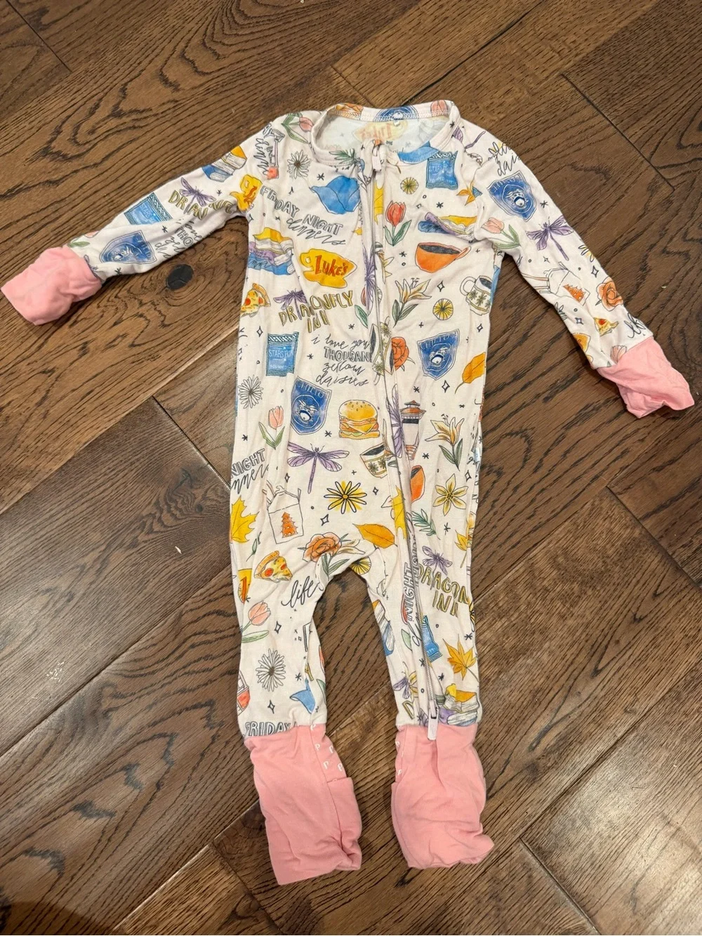 Posh Peanut x Gilmore Girls One-Piece with Pink Cuffs and Multicolor Print